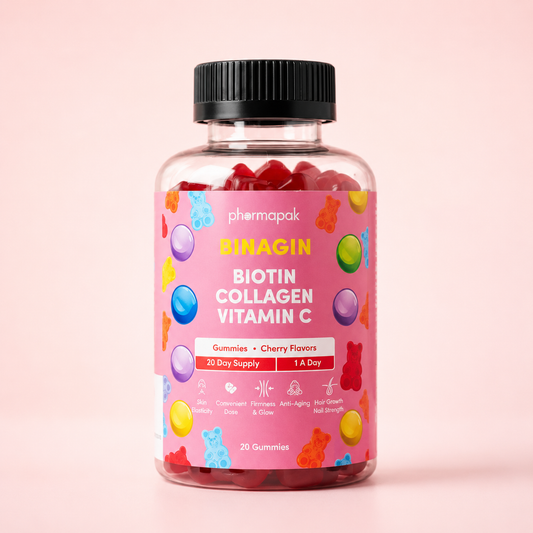 BINAGIN Biotin, Collagen & Vitamin C Gummies by Pharmapak – Cherry Flavour (20 Gummies)